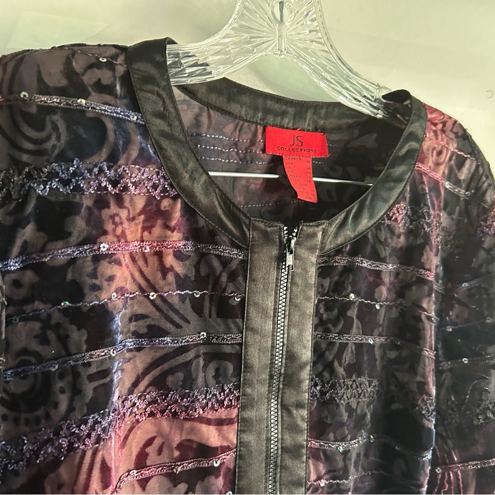 Women’s JS Collections Purple, Wine & Black Burnout Velvet Front ZIP Jacket